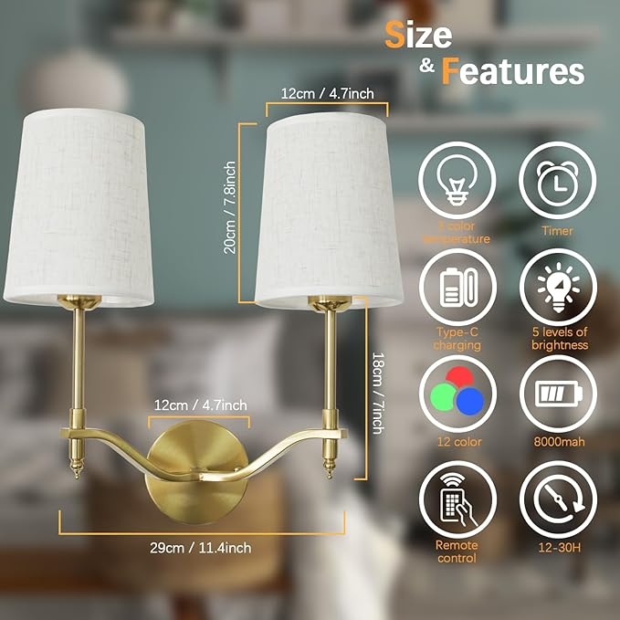 Wall Lights Battery Operated Wall Sconces 2-Light, Gold Rechargeable Wall Sconce with 15 RGB Dimmable Detachable Bulbs and Remote, Wireless Battery Powered Wall Lamp for Living Room Bedroom