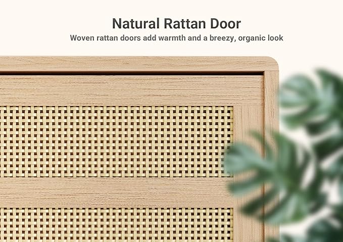 Claiks Boho TV Stand for 70 Inch TV, Modern TV Console with 2 Rattan Storage Cabinets & Adjustable Shelf, Woven TV Stand for Living Room, Oak Color