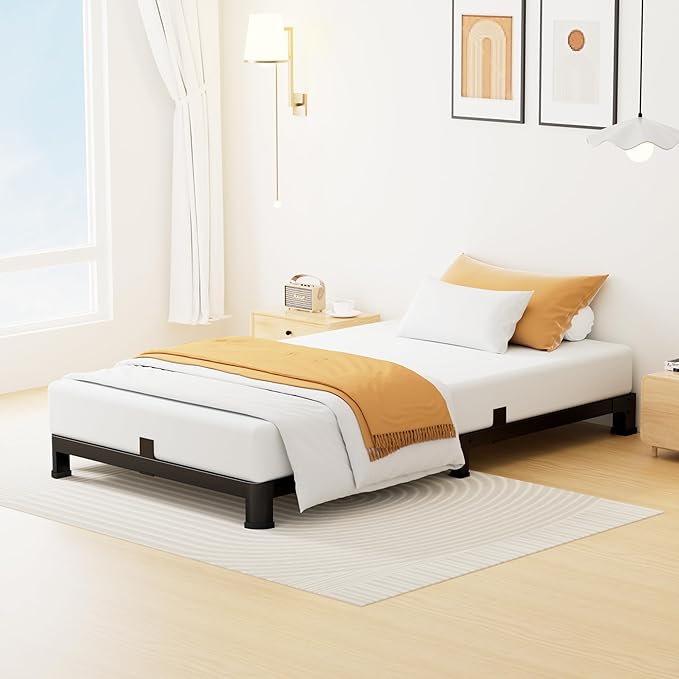 4 Inch Twin Bed Frame Low Profile, Heavy Duty Metal Platform Bed Frame with Round Corner Legs, Sturdy Mattress Foundation, No Box Spring Needed, Easy Assembly, Noise Free, Black