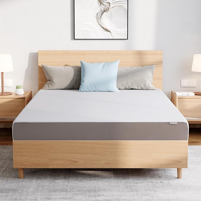 Amazon Basics Memory Foam Plush Mattress, Queen, White/Grey, 80 x 60 x 8 inches