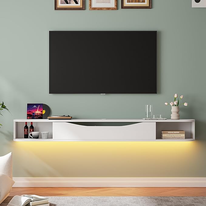 Floating TV Stand,94'' Wall Mounted TV Cabinet,Floating TV Console,Under TV Shelf with 1 Door and 2 Cabinets for TVs up to 90''(White)