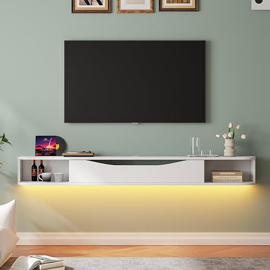 Floating TV Stand,70'' Wall Mounted TV Cabinet,Floating TV Console,Under TV Shelf with 1 Door and 2 Cabinets for TVs up to 75''(White)
