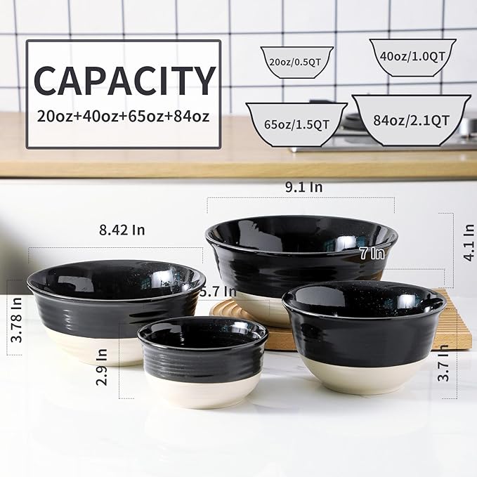 HASENSE Large Ceramic Mixing Bowls, 2.1/1.5/1.0/0.5 Qt Serving Bowls for Kitchen, Nesting Salad Bowls Set for Mixing, Cooking, Baking, Fruit, Side Dishes, Holiday Serving Dishes, Set of 4, Black