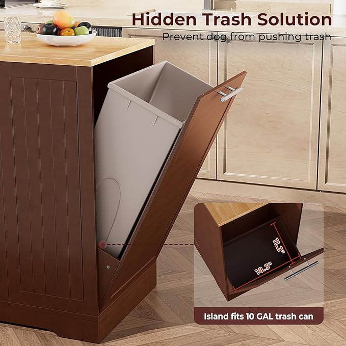 53" Long Kitchen Island with Trash Can Storage, Walnut Kitchen Cart with Garbage Bin 10 Gallon, Portable Island with Trash Can, Wood Top, Spice Rack and Drawers