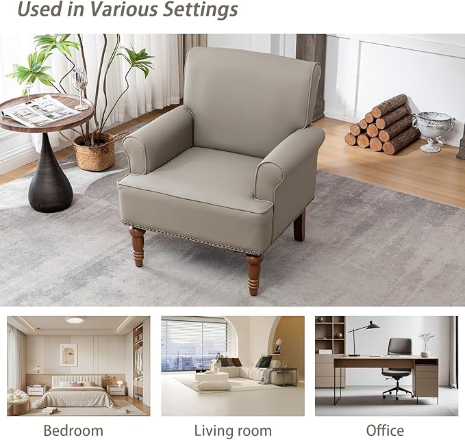 Accent Chair, Faux Leather Living Room Chairs with Nailhead Trim, Mid-Century Lounge Armchair with Solid Wood Legs, Comfy Reading Single Sofa for Bedroom, Waiting Room (Grey, 1 Chair)