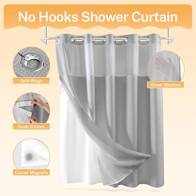 River Dream Gray Fabric Shower Curtain Set, Cotton Blend, Waffle Weave, with Snap in Replacement Liner，71 x 74 inches