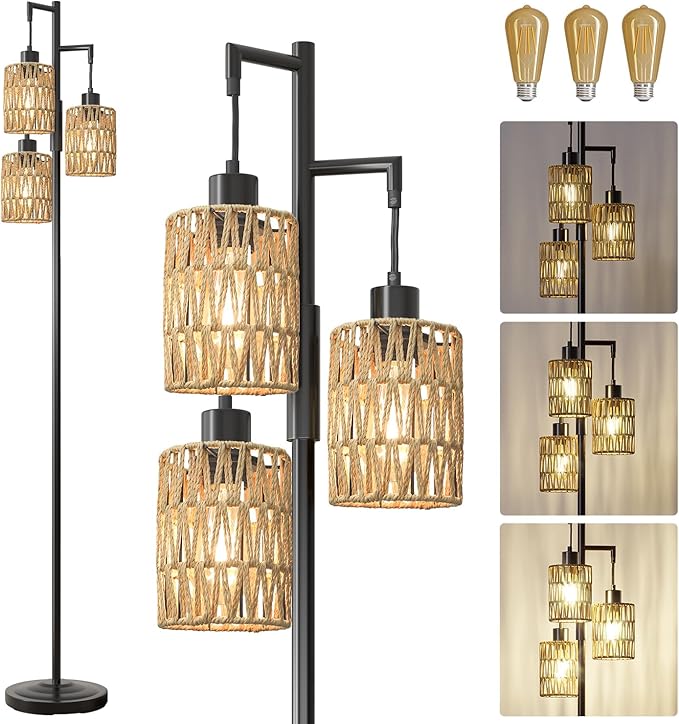 Oneach 68" Floor Lamps for Living Room, Stepless Dimmable Boho Floor Lamp with 3 Bulbs, Tall Farmhouse Industrial Corner Standing Tree Lamp for Bedroom, Office, Study Room, Dining Room, Black