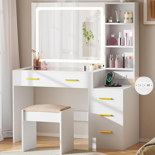 BEWISHOME Makeup Vanity Desk with Mirror and Lights,White Vanity Table with Glass Top,Makeup Desk with Power Outlet,5 Drawers,3 Lighting Modes,Stool,Nightstand,Dressing Table for Bedroom Girls FST29W