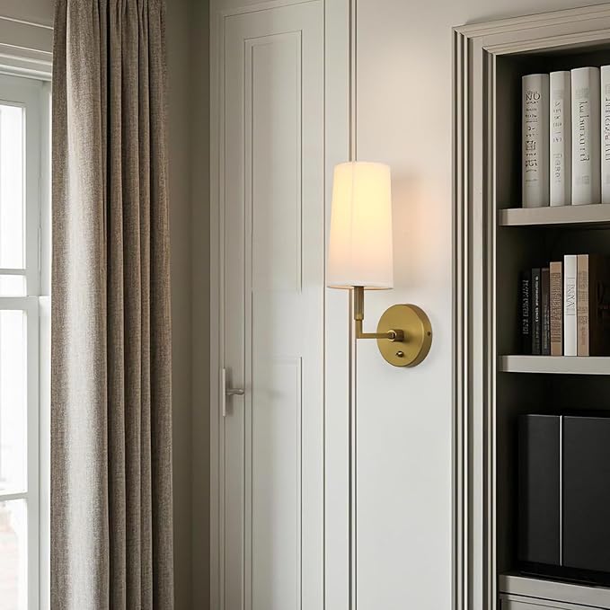 Brass Wall Sconces Set of Two, Hardwired White Fabric Shade Wall Lamps, Bathroom Vanity Lights Fixture with Switch, Indoor Wall Lights for Bedroom Living Room Corridor