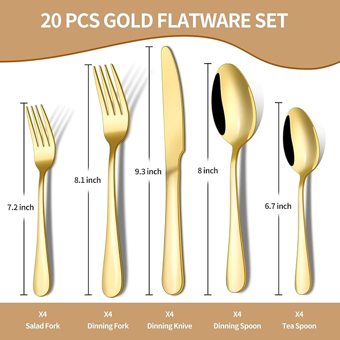 20-Piece Gold Silverware Set, ENLOY Flatware Cutlery Set Stainless Steel Utensils Service for 4, Heavy Duty Gift and Dishwasher Safe, Mirror Polished Dinner Knife, Fork, Spoon for Restaurant