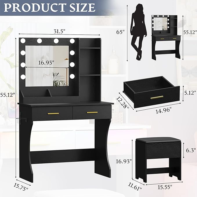 Makeup Vanity Desk with Mirror and Lights, Small Makeup Vanity Table Set with Drawers, Power Outlet & Storage Stool, White Vanity with 3 Lighting Modes LED for Women Girls Bedroom