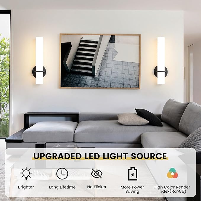 Wall Sconce Light - 15 inch Modern Black Bathroom Light Fixtures Wall Sconces Set of Two Dimmable LED Sconce Lighting, 15W 3000K Wall Light with Acrylic Shade for Bedroom Stairway Living Room