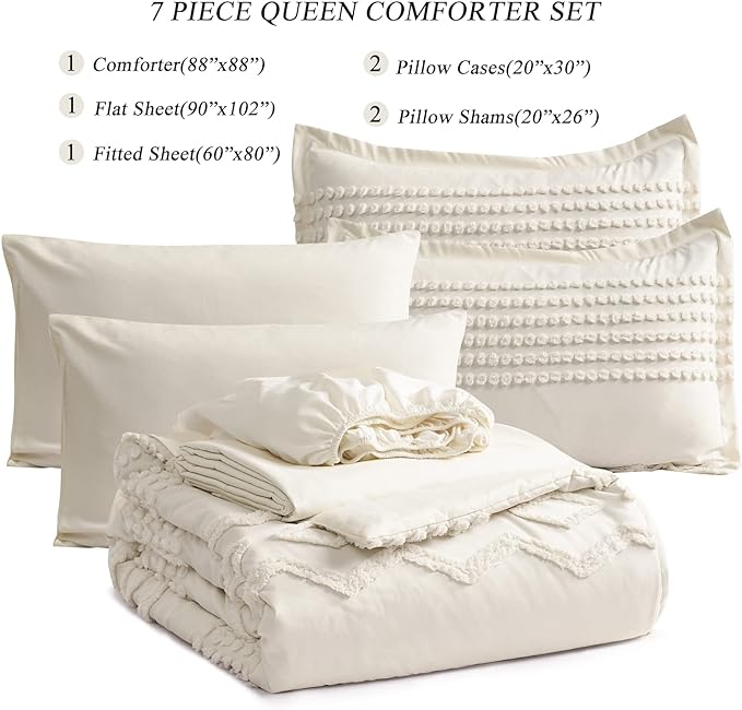 KAKIJUMN White Tufted Comforter Set Queen Size 7 Piece Bed in a Bag, Shabby Chic Boho Comforter and Sheet Set, All Season Soft Microfiber Complete Bedding Set(White,Queen)