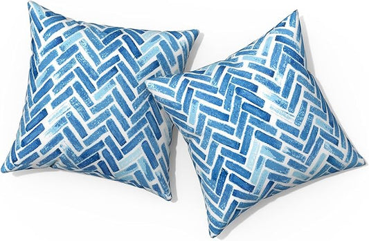 Outdoor Pillows for Patio Furniture 18x18 inch, Square Outdoor Throw Pillows with Inserts, Decorative Toss Pillows for Garden Couch Home Sofa Office Chair, Pack of 2, Blue Bricks