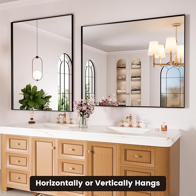 40x32 Inch Black Bthroom Mirror, Black Metal Frame Vanity Mirror for Wall, Square-Corner, Rectangle,Tempered Glass,Anti-Rust (Horizontal/Vertical), Bedroom, Living Room, Entryway