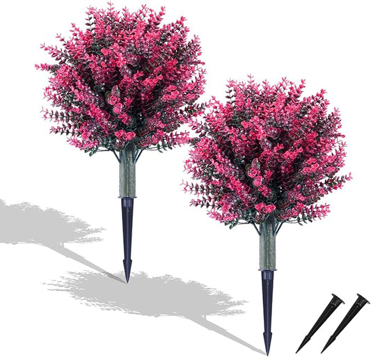 Artificial Pink Eucalyptus Topiary Ball, Set of 2-20" Artificial Shrub Bushes with Ground Spike, Artificial Plants for Outdoor Planters Indoor UV Resis