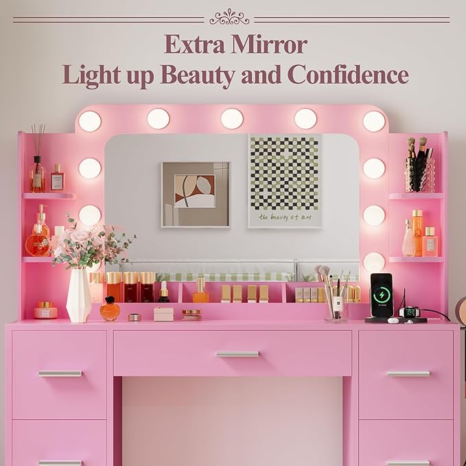 JUMMICO Makeup Vanity Desk with Large Mirror and Lights, Vanity with Power Strip and Hairdryer Holder, 6 Open Shelves and 7 Drawers Modern Dressing Table, for Bedroom (Pink)