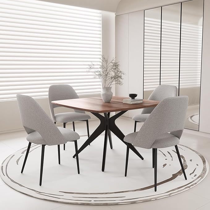 Kidol & Shellder 45.2" Square Dining Table Set for 2-4 People Modern MDF Wooden Dining Room Table with X-Shaped Metal Base Kitchen Table（Walnut Table+4pcs Grey Chairs）