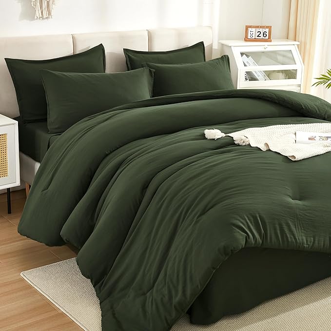 Litanika Oversized King Comforter Sets Olive Green - 7 Pieces Bed in a Bag Oversized King Bedding Comforter Sets, Solid Lightweight Bed Set with Comforter, Sheets, Pillowcases & Shams