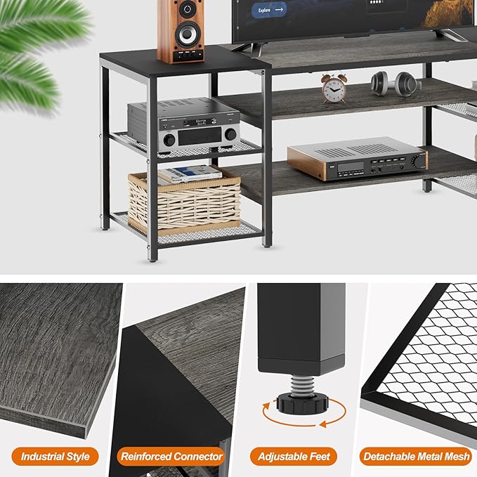 Modern Television Stand for 65 Inch TVs with Industrial Color Grey & Black, Metal Frame Storage Shelves with Open 3-Tier for Entertainment Center, Bedroom, Living Room