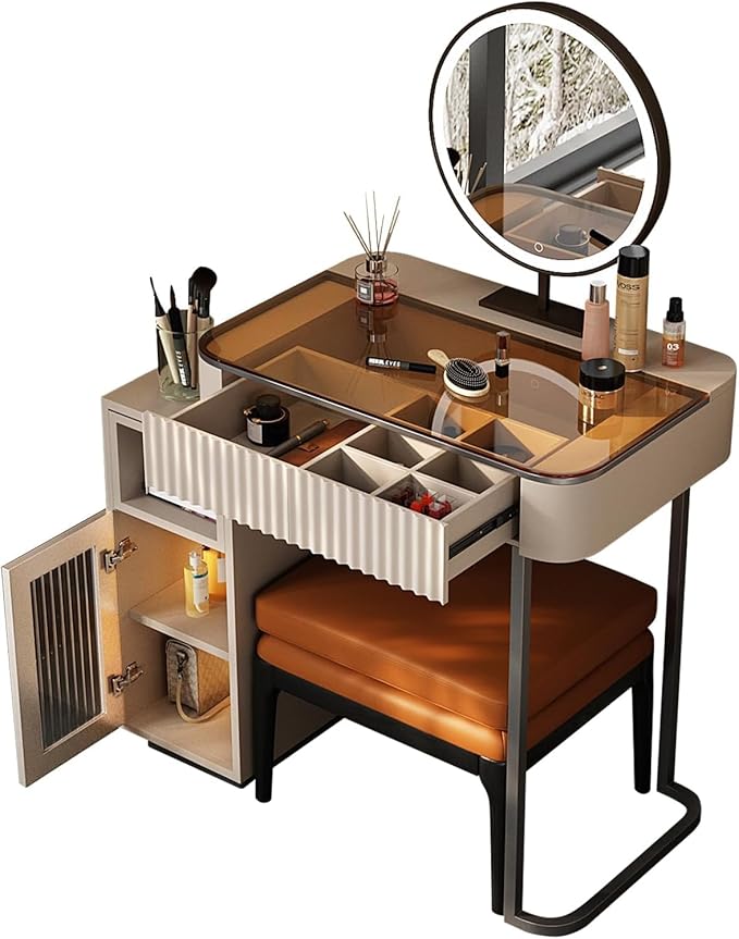 Lartis Makeup Vanity, with LED Makeup Mirror, Three Adjustable Light Levels, Tempered Teal Glass countertop,White Wax Wood Makeup Stool