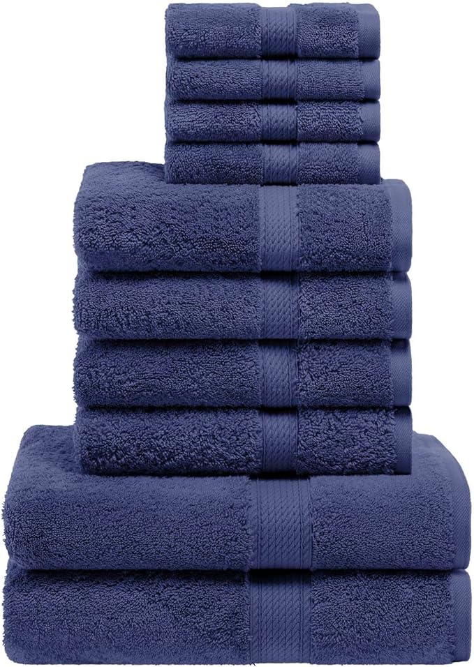 Superior Egyptian Cotton Pile 10 Piece Towel Set, Includes 2 Bath, 4 Hand, 4 Face Towels/Washcloths, Ultra Soft Luxury Towels, Thick Plush Essentials, Guest Bath, Spa, Hotel Bathroom, Navy Blue