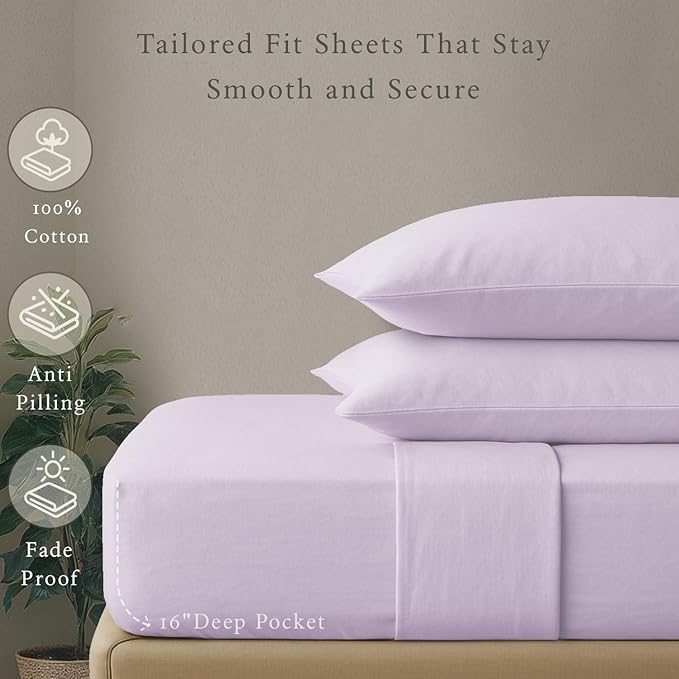 Threadmill Cotton Sheets for King Size Bed, 100% Cotton, 500 Thread Count, Deep Pocket Sheet Set for King Size Bed, Snug Fit, Soft & Crisp Cooling Hotel Quality Bed Sheets 4 Piece Set, Lilac