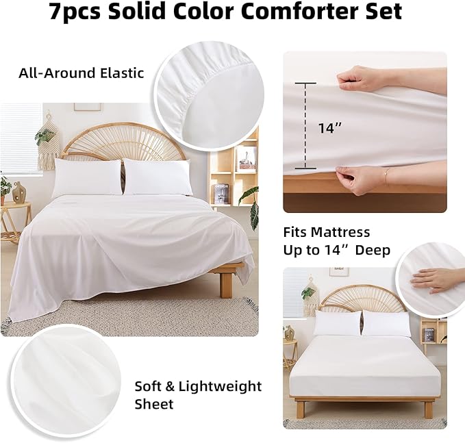 weigelia Bedding Set - 7pcs Sage Green Comforter Set for Queen Bed with Microfiber Sheets, Pillow Shams and Pillowcases - All Season Boho Style