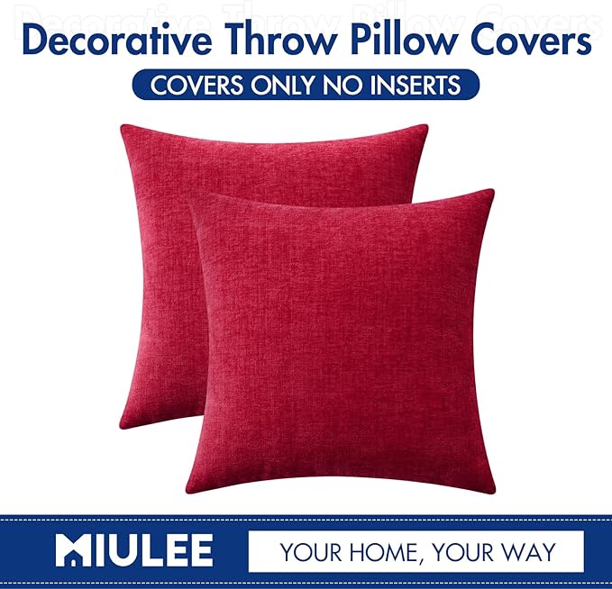 MIULEE Pack of 2 Red Couch Throw Pillow Covers 16x16 Inch Soft Chenille Pillow Covers for Sofa Living Room Solid Dyed Pillow Cases