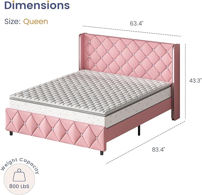Queen Bed Frame with Headboard, Upholstered Bed Frames with Diamond Tufted Design and Wingback, Faux Leather, No Box Spring Required, Easy Assembly, Pink