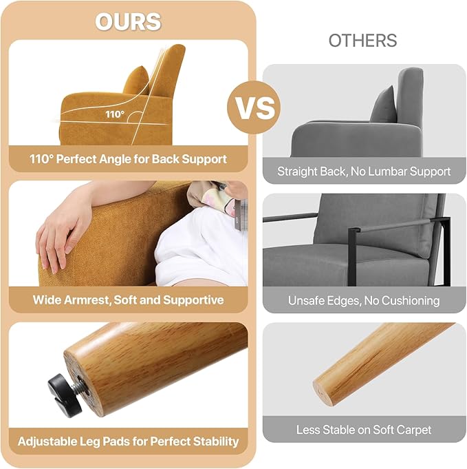 Magshion Mid-Century Accent Chair for Living Room, Comfy Reading Chair for Bedroom, Upholstered Linen Fabric Armchair Single Sofa with Back Pillow & Wood Legs, 300 lbs Capacity, Yellow