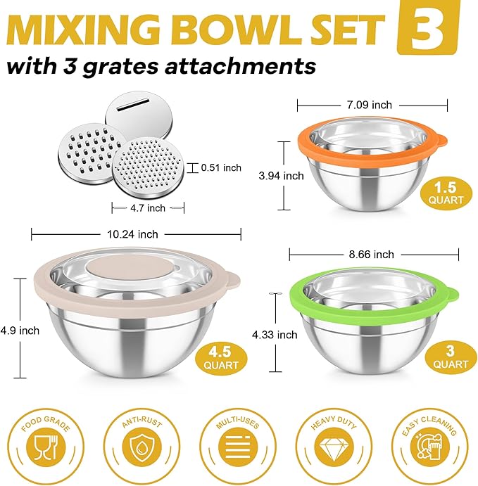 TeamFar Mixing Bowls, 3PCS Stainless Steel Serving Salad Bowls with Lids & 3 Graters, For Kitchen Mixing/Baking/Storing/Prepping, Visible & Airtight, Easy Clean - 4.5/3 / 1.5 QT, Multi-color