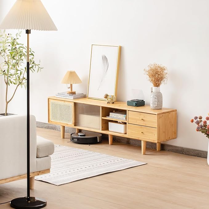 Tiita Rattan TV Stand for 55 60 Inch TV, Bamboo TV Cabinet with 2 Drawers, Boho Entertainment Center with Adjustable Shelf, Mid Century Modern Media Console for Bedroom, Living Room, Study