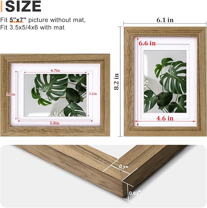 Egofine 5x7 Picture Frame Made of Solid with Plexiglass, Display Pictures 3.5x5/4x6 with Mat or 5x7 Without Mat for Tabletop and Wall Mounting, Carbonized Brown