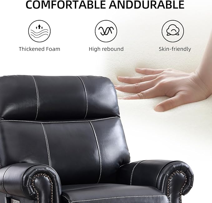 Phoenix Home Genuine Leather Power Lift Recliner Chair for Elderly with Massage and Heating, Electric Recliner for Seniors with Extended Footrest, Type-C and USB Port, Side Pocket, Black