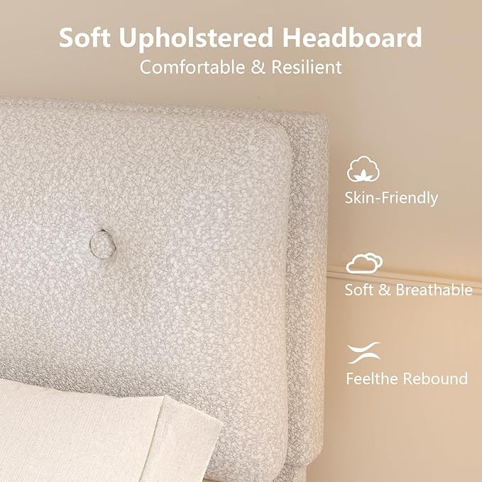 Queen Bed Frames,Breathable Boucle Fabric Upholstered Bed Frame with Headboard,Removable and Washable,Wood Slat Support,No Box Spring Needed,Easy Assembly,White