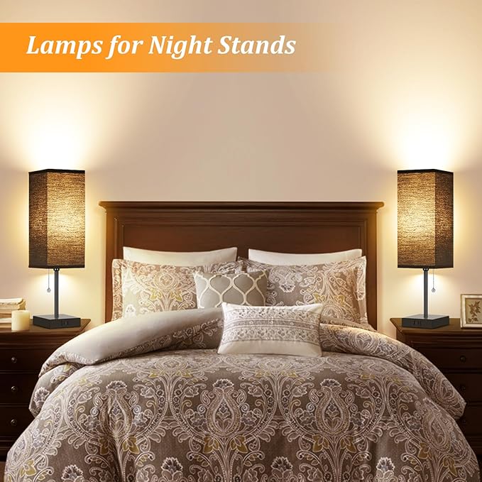 Table Lamp for Bedroom set of 2,3-Color Bedside Lamps with Pull Chain Table Lamps for Nightstand with AC Outlets,18'' Night Light Lamps with 2 Bulbs Lamps for Living Room Kids Office Decor（Black）