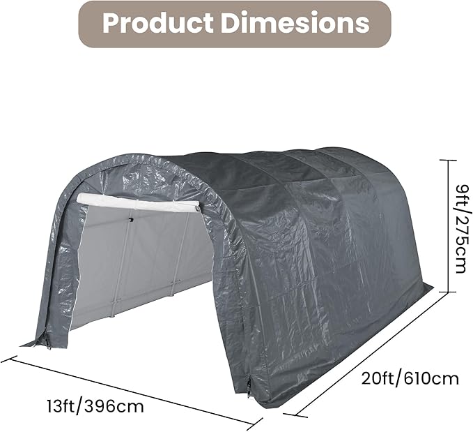 SUNBURY Carport, Round Portable Garage, Outdoor 13x20 ft Heavy Duty Carport, Tensioner and 2 Roll Up Doors Waterproof PE Fabric Car Port, Garage, Storage Shed, Tent for Storage, SUV, Grey