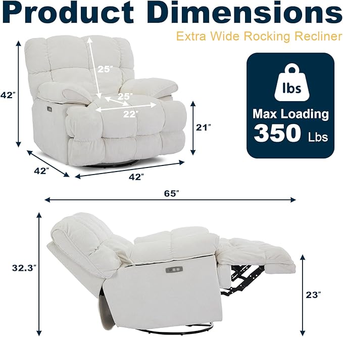 GINGO Power Oversized Recliner Chair, Extra Wide Swivel Rocking Recliner Chair, Breathable Soft Fabric Modern Single Sofa for Living Room, 90°-140° Electric Adjustable Angle, USB & Type-C Port, White