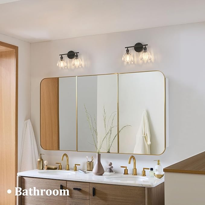 Bathroom Light Fixtures, 2-Light Black Vanity Wall Light Over Mirror with Clear Tulip Glass Shade for Bedroom Living Room