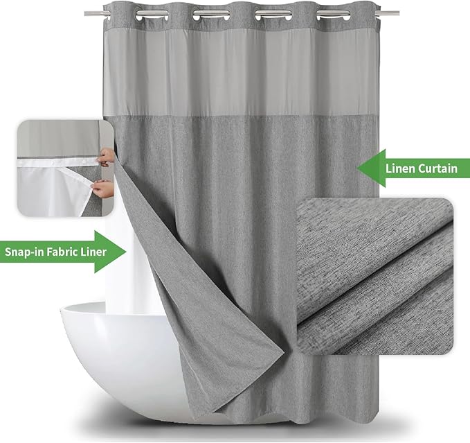 Long No Hooks Needed Linen Textured Shower Curtain with Snap-in Fabric Liner Set,Grey Hotel Luxury Decor Shower Curtains for Bathroom,Waterproof & Washable,71Wx80H