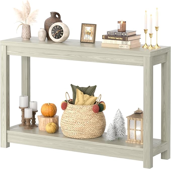 47" Farmhouse Wood Entryway Table Narrow Console Table with Storage Behind Couch Sofa Table with Shelves Entry Way Table with Open Storage, Easy Assembly, Classical Washed Oak