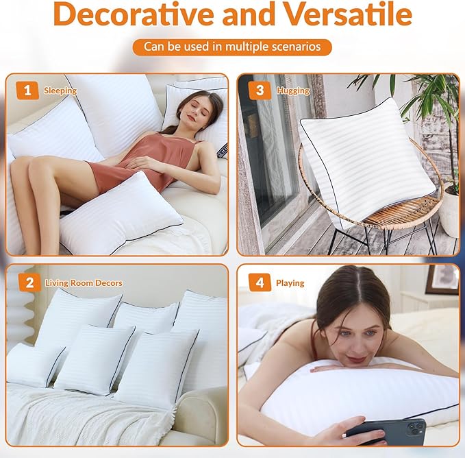 Pillows Insert 24'' x 24'' Set of 2, Decorative Euro Throw Pillows with Luxury Silky Covers for Indoor Couch, Sofa or Bed Decors, White Striped Cushion Sham Stuffer