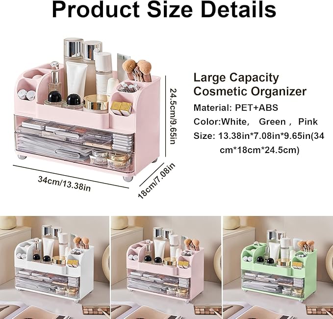 DASITON Large Capacity Makeup Organizer for Vanity with 2 Drawers, Skincare Organizers with Makeup Brush Holder, Cosmetic Display Case for Dresser Vanity Bathroom Countertop (Pink)