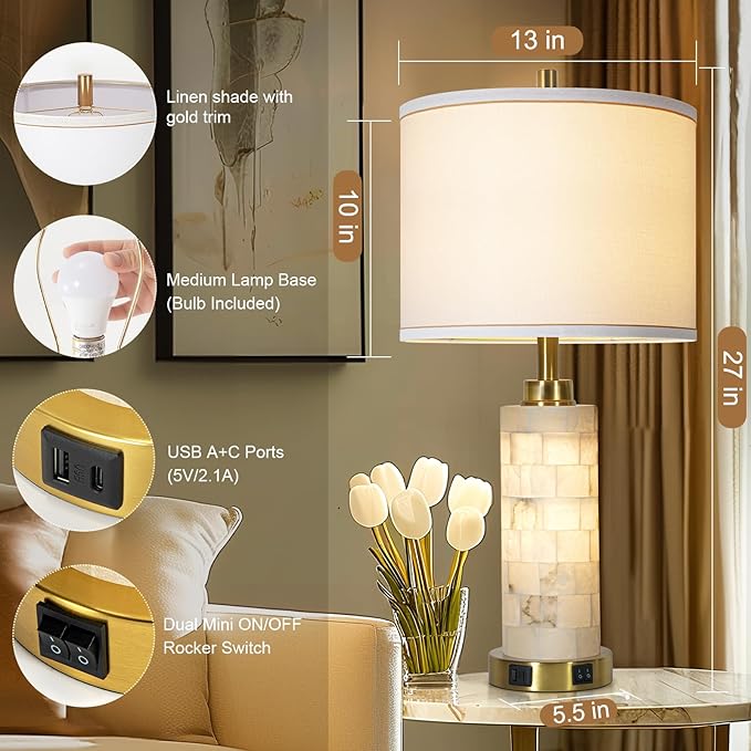 27" Alabaster Lamp,Table Lamps for Living Room Bedroom,Nightstand Lamps Set of 2 with Night Light,Bedroom Lamp with Linen Shade,Gold Table Lamp with USB A+C Ports for Bedside (Bulbs Included)