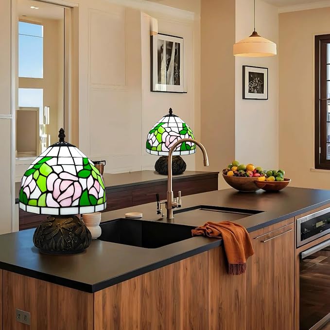 Small Tiffany Stained Glass Lamp, 3 Color Temperatures Bedside Lamp, 8 Inch Mushroom Desk Light for Bedroom Living Room Office Home Decor (Pink Rose)