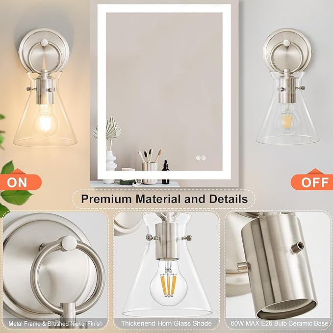 Wall Sconce for Bathroom Modern Vanity Light Fixtures Wall Mount Lighting Lamp Farmhouse Wall Lights with 6 Inch Clear Glass Shade for Bedroom Living Room Mirror Kitchen, Brushed Nickel, 1 Pack