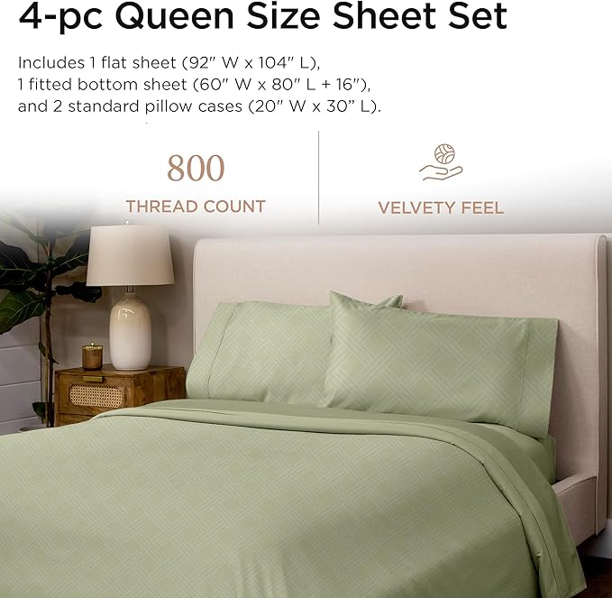 Threadmill Queen Sheet Set for Queen Mattresses | 800 Thread Count Jacquard Celine Sage Green | Better Than Egyptian Cotton | 4 Pc Bed Sheets | Elasticized Deep Pocket | 100% Cotton Sheets