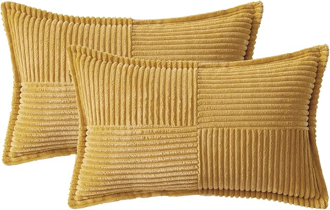 MIULEE Decorative Lumbar Throw Pillow Covers for Couch Bed Livingroom 12x20 Inch Set of 2 Gold Boho Accent Throw Pllows Broadside Striped Patchwork Soft Corduroy Summer Pillowcases