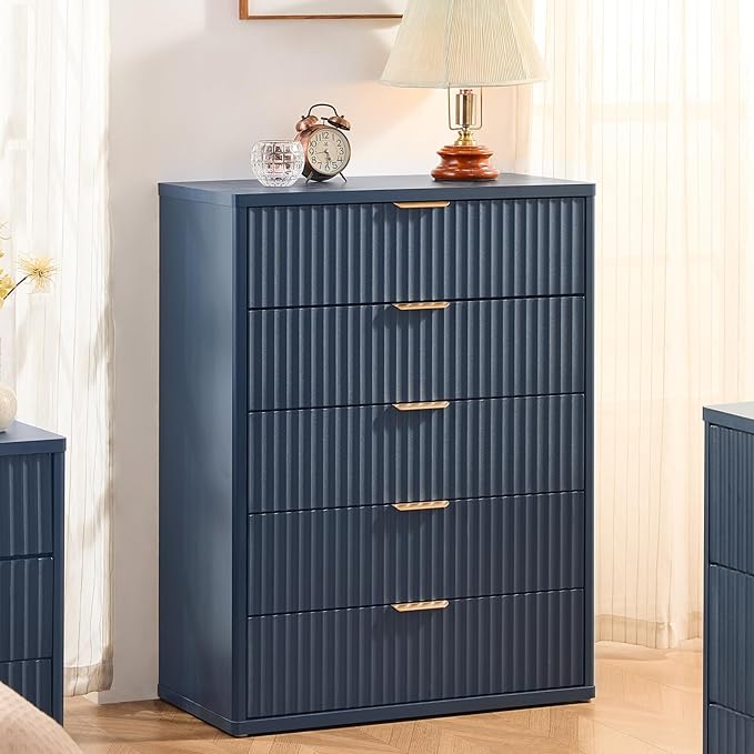 LEYAOYAO Fluted 5 Drawers Dresser Set of 2, 41" Tall Modern Chest of Drawers with Metal Handle, Curved Profile Dresser TV Stand, Wooden Drawer Organizer for Bedroom, Living Room, Hallway, Navy Blue